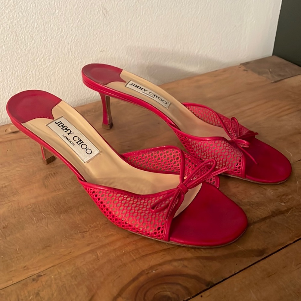 [Jimmy Choo] Red Mesh Bow Kitten Leather Heels - Size 8